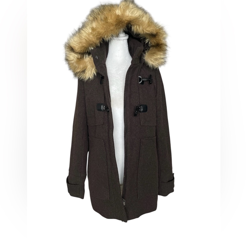 Brown Pea Coat with Faux Fur Hood - Picture 2 of 11